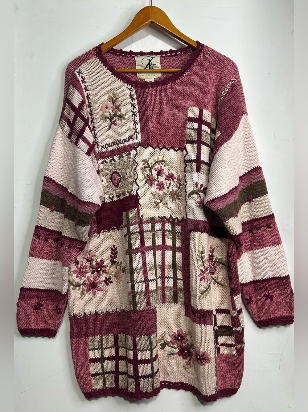 Vintage JK America Pink & Cream Patchwork Floral Knit Sweater 22/24